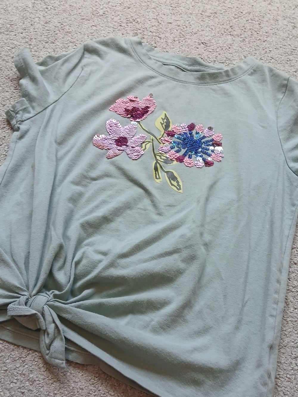 Kids Sage Green Floral Flipable Sequin Tie-Hem Tee